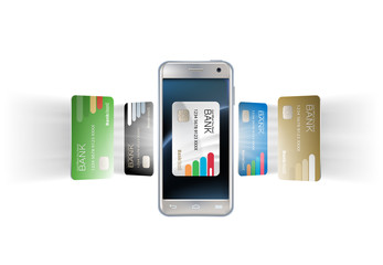Fototapeta na wymiar Vector illustration in a realistic style the concept of mobile payments using the application on your smartphone. Illustration of the smartphone and bank cards on white