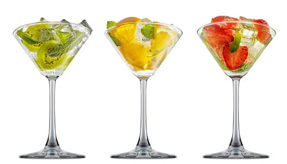 fresh fruit alcohol cocktail or mocktail in classic martini glass with ice, strawberry, kiwi,...