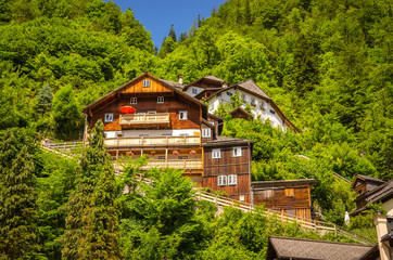 Beautiful architecture of Hallstatt village, Austrian Alps,  Salzkammergut, Austria, Europe