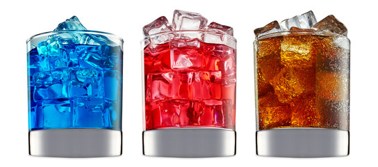 fresh fruit alcohol cocktail or mocktail in classic glass with blue red and orange beverage isolated on white background