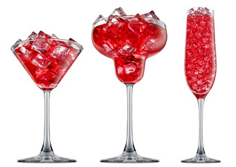 fresh fruit alcohol cocktail or mocktail in margaritta, martini, champagne glass with red beverage and ice cubes isolated on white background