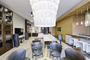 Russia, Moscow region - interior design kitchen - living room in luxury new apartment.