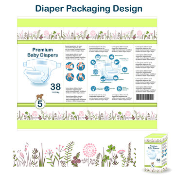Diaper packaging design elements in doodle forest style. Nappy pakaging design for size 5, with floral border, diaper icons, and bear