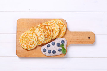 american pancakes with yogurt and blueberries