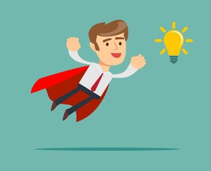Super Businessman in Red Cape Flying to Idea Light Bulb. Business Innovation. Vector illustration