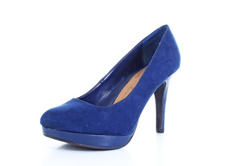 Blue high heel shoe on isolated white background.