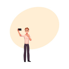 Man making selfie, photo of himself with smartphone, showing thumb up, cartoon vector illustration with space for text. Full length portrait of young man in making selfie with mobile phone