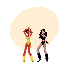 Girls, women in 80s style aerobics outfit enjoying sport dance workout, cartoon vector illustration with space for text. Caucasian and black retro style girls, women, aerobic fitness workout