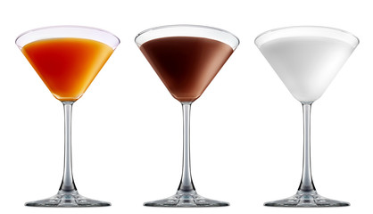 Pina colada, white russian,Irish Cream chocolate Liqueuron, mimosa fresh fruit alcohol cocktail or mocktail in martini glass with blue white and orange beverage isolated on white background