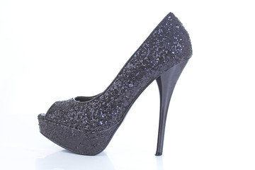 Woman platform black high heels. High heel shoes.