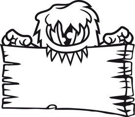 brett holz schild fläche wand text mauer klettern schild kleines freches haariges einauge monster zyklop grinsen