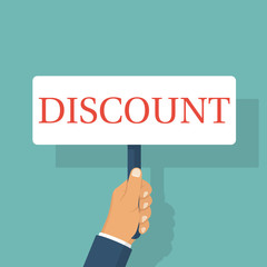 Discount concept. A poster in the hands of the seller. Advertisement sales. The announcement of hot offers. Vector illustration flat design. Isolated on background.