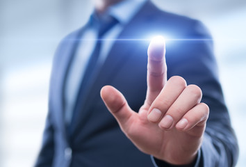 Businessman pressing button on virtual screen. Man pointing on futuristic interface. Innovation technology internet and business concept. Space for text and words. Abstract background.