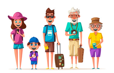 Happy family in travel. Journey of parents and child. Cartoon vector illustration