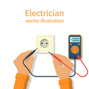 Professional electrician icon. Digital multimeter hold in hand man worker. Measure voltage in power socket. Repair of home electrical wiring. Vector illustration flat design. Isolated on background.