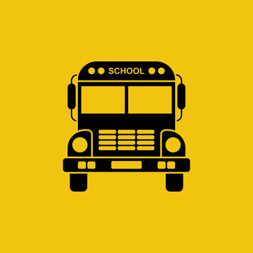 School bus icon. Black silhouette on yellow background. Can used as a road sign, for web design, print. Pictogram transport. Vector illustration flat design. Isolated on white background.