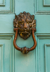 Door with brass knocker in the shape of a lion's head, beautiful entrance to the house