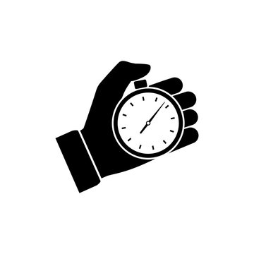 Stopwatch in hand, icon black isolated on white background. Vector illustration flat design. Sport timer on competitions. Trainer holding stopwatch. Start, finish. Time management.