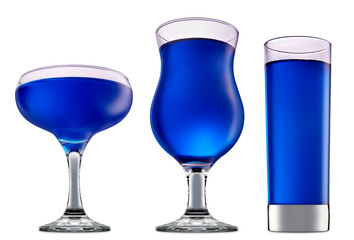 fresh fruit alcohol cocktail or mocktail in classic glass with blue beverage isolated on white background
