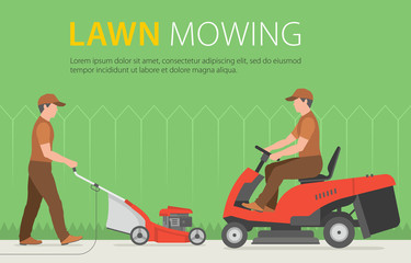 Man mowing the lawn with red lawn mower