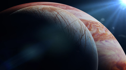 Jupiter's moon Europa in front of the planet Jupiter (3d render, elements of this image are furnished by NASA) © dottedyeti