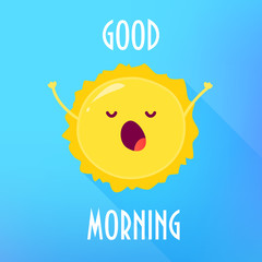 Cartoon sun stretches and yawns. Good Morning card. Flat style. Vector illustration.