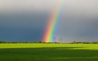 beautiful landscape with green meadow and a bright rainbow in the sky