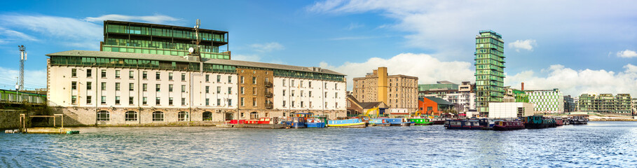 Refurbished part of Dublin Docklands or Silicon Docks on a bright morning