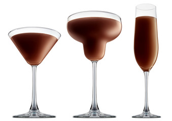 Original Irish Cream Liqueuron alcohol cocktail or chocolate mocktail in classic margaritta, martini, champagne with brown beverage isolated on white background