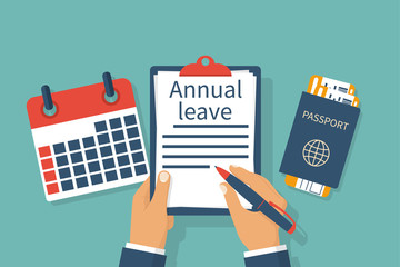 Annual leave. Holiday break enjoyment. Man at the desk writes in the clipboard. Calendar and passport with tickets for air travel. Vector illustration flat design. Isolated on background. - obrazy, fototapety, plakaty