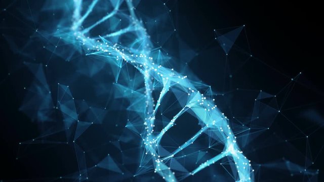 Abstract representation of digital polygon plexus DNA molecule . For visuals, biology, biotechnology, chemistry, science, Medicine, cosmetics or as motion background. Seamless Loop