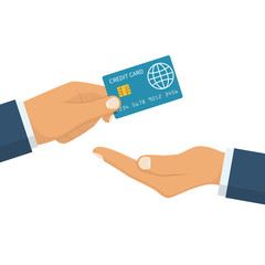 Give credit card. Holding plastic card with chip in hand businessman. Electronic money. Transfer in hands earnings. Vector illustration flat design. Isolated on white background. Banking concept. 