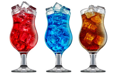 fresh fruit alcohol cocktail or mocktail in classic glass with blue red and orange beverage isolated on white background