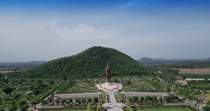 Aerial view of Statues of Buddha at Wat Thipsukhontharam,Kanchanaburi province,Thailand,Phra Buddha Metta,They are public domain or treasure of Buddhism
