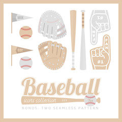 Collection of baseball equipment. Bat, glove, ball, flags, finger.