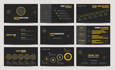 Corporate presentation slides design. Creative business proposal or annual report. Full HD vector keynote infographics template on black layout. Startup project advertising brochure. - obrazy, fototapety, plakaty