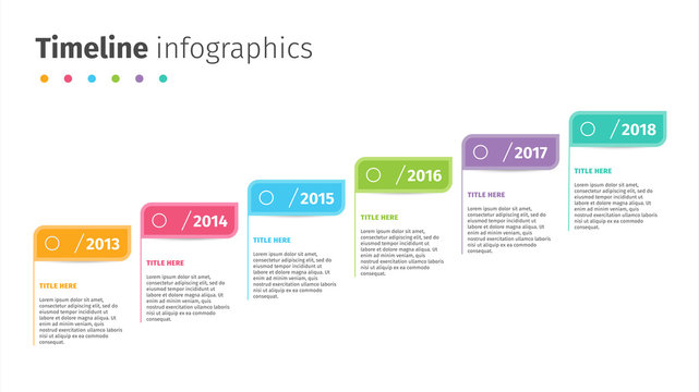 Business timeline with step flags infographics. Corporate milestones graphic elements. Company presentation slide template with year periods. Modern vector history time line layout design.