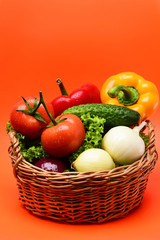 organic food concept, vegetables, lettuce leaf, tomatoes, onions, peppers, cucumber