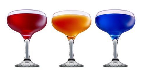 fresh fruit alcohol cocktail or mocktail in margarita glass with blue red and orange beverage...
