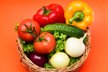 Fototapeta na wymiar healthy nutrition concept, vegetables, lettuce leaf, tomatoes, onions, peppers, cucumber