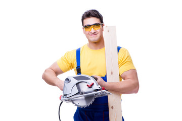 Carpenter wearing coveralls with circular saw isolated on white