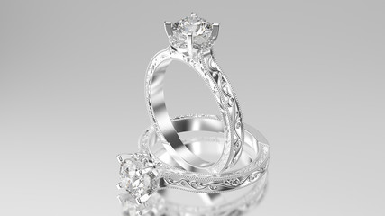 3D illustration two silver gold ring with diamonds and  ornament