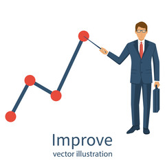Improve business concept. Changing direction. Growth graph trade. Vector illustration. Profit Stock Market. Man hold in hand business chart. Financial diagram. Businessman in suit present growth chart