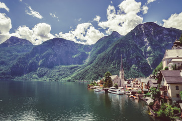 Fantastic view on Hallstatt village and alpine lake, Austrian Alps,  Salzkammergut, Austria, Europe