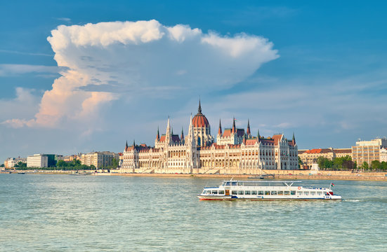 
Parliament building in Budapest, Hungary on a bright sunny day from across the river