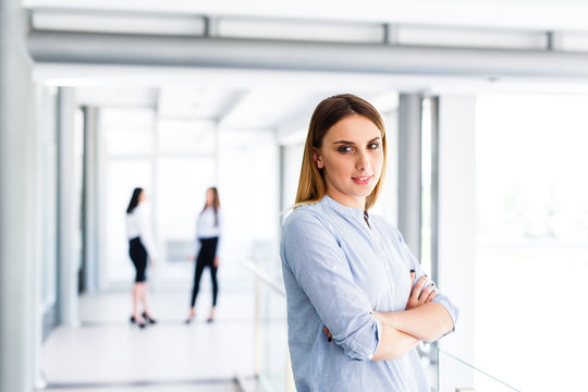 Blonde business woman standing and crossed her arms while there are her work colleague behind