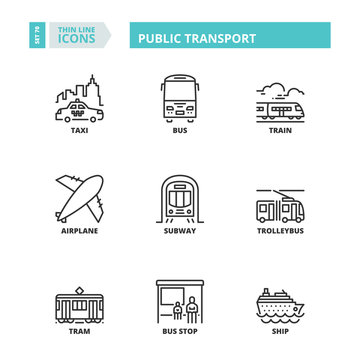 Thin line icons. Public transport