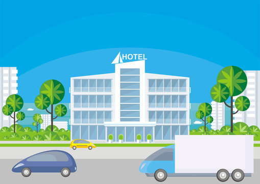 The image of beautiful big hotel in a seaside resort in an environment of tropical plants. Vector background.