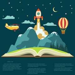 Imagination concept, open book with a mountain, flying rocket, air balloon and airplane 