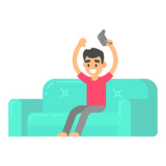Man play in video game on couch in isometric flat style